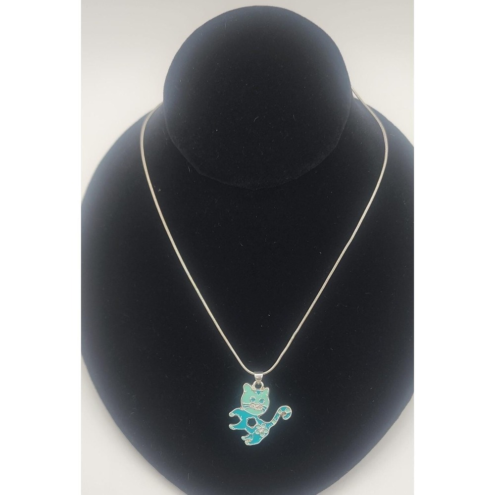 Cute‎ blue enamel kitty CAT pendant on 18" silver tone chain necklace